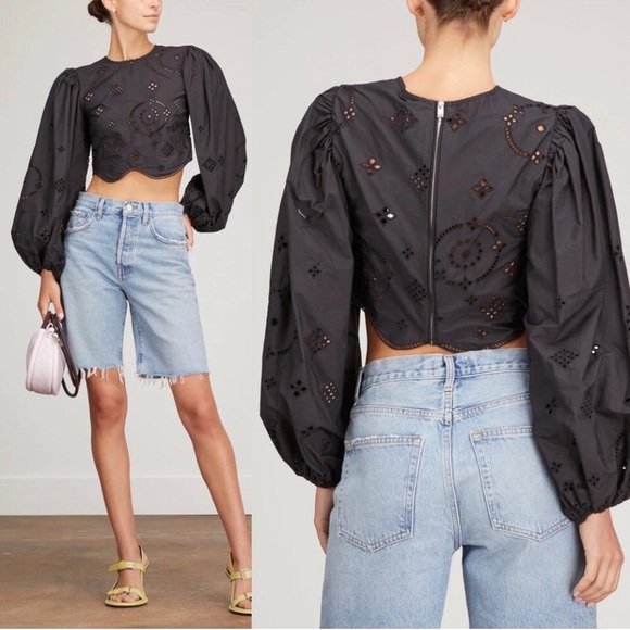 Ganni Broderie Anglaise Cropped Blouse Top Eyelet Embroidered Size XS * in Black - Picture 2 of 16